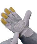 Heavy Duty Suede Leather Welding Gloves And Sleeves, Flameproof Workshop Rig, with reinforced stitching and curved fingers.