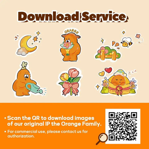 Illustrated cartoon characters from the Orange Family collection with QR code for download service.