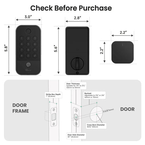 Dimensions and installation guide for Smart Door Lock With WiFi And Bluetooth Gateway, No Keys Needed Keyless Entry With Code.