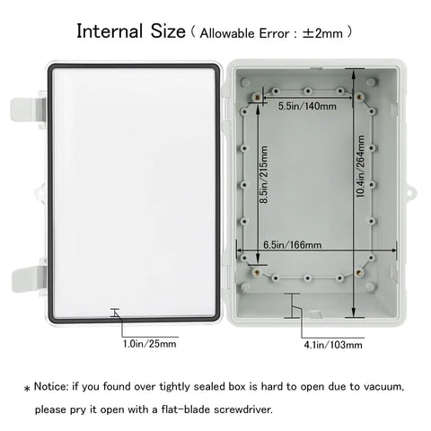 Open IP65 Waterproof Junction Box Enclosure With Hinged Clear Cover, ABS Plastic, Showing Internal Dimensions 11.4 x 7.5 x 5.5 Inches
