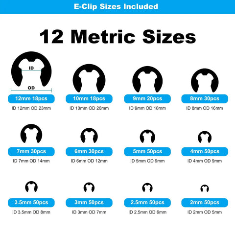 Industrial Grade Black Carbon Steel C Clips And E Clips Kit With 840 Pieces External Retaining Snap Rings For Automotive, Machinery, And Home Repairs Built Tough For Heavy Duty Vibration, Heat, And Corrosion Resistance. E-clip sizes 2-12mm