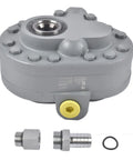 Close-up of 7.4 GPM Hydraulic PTO Pump 540 RPM 2500 PSI with connectors, showing SAE 16 inlet, SAE 12 outlet for heavy machinery.