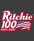 Ritchie 100 logo celebrating 100 years, featuring red text, American flag, and date 1921-2021.