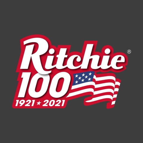 Ritchie 100 logo celebrating 100 years, featuring red text, American flag, and date 1921-2021.