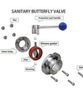 Exploded view of Beefy Sanitary Butterfly Valve With Pull Handle 304 Stainless Steel For 1.25 Inch Tube OD Clover Tri Clamp Fittings