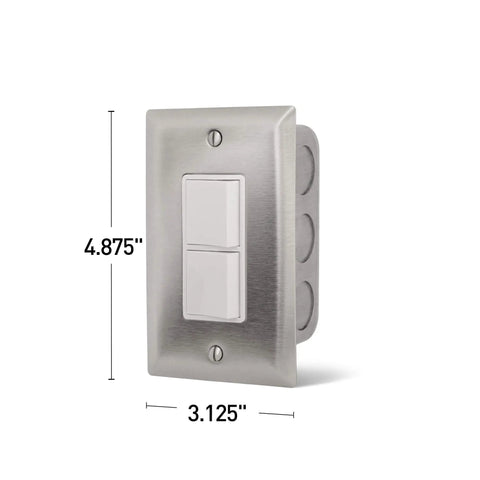 Duplex Stack Switch 14-4300 Single Wall Plate Controller For Infrared Heaters, 120/277 VAC, stainless steel, dimensions shown