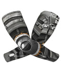 Cyborg Arm Sleeves For Men And Women Cool Stretchy Compression Sleeve For Cycling Golf Running And Fishing Lightweight Sun Protection Gear on a gray mechanical background.