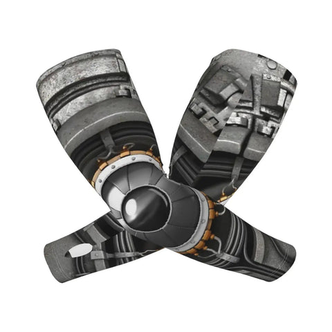 Cyborg Arm Sleeves For Men And Women Cool Stretchy Compression Sleeve For Cycling Golf Running And Fishing Lightweight Sun Protection Gear on a gray mechanical background.