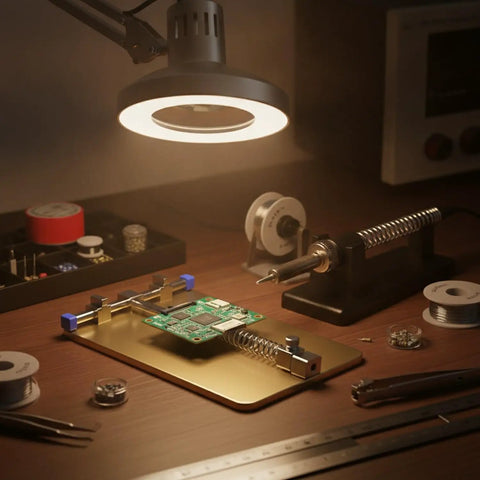 Versatile PCB Soldering Clamp For 3mm To 8mm Boards Gold Finish Stainless Steel Bench Fixture under workspace lamp