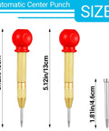 Two Pack Automatic Center Punch 5 Inch Brass Spring Loaded Hammerless Tool With Comfy Palm Wrap For Metal Wood Plastic And Emergency Glass Breaker, showing measurements.