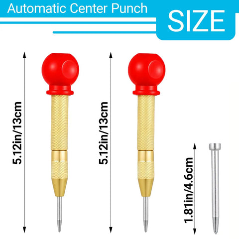 Two Pack Automatic Center Punch 5 Inch Brass Spring Loaded Hammerless Tool With Comfy Palm Wrap For Metal Wood Plastic And Emergency Glass Breaker, showing measurements.