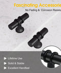 2 Pack Matte Black Cabinet Pulls T Bar Knobs For Kitchen Cupboards And Bathroom Cabinets on countertop, close-up of handles