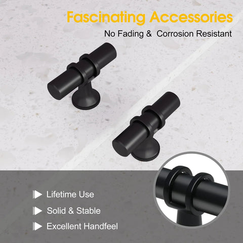 2 Pack Matte Black Cabinet Pulls T Bar Knobs For Kitchen Cupboards And Bathroom Cabinets on countertop, close-up of handles