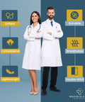 White Unisex Lab Coat For Med Pros Durable Knee Length Cotton Poly Coat For Doctors Nurses And Lab Technicians Keeps Scrubs Protected Professional Fit, two professionals wearing lab coats