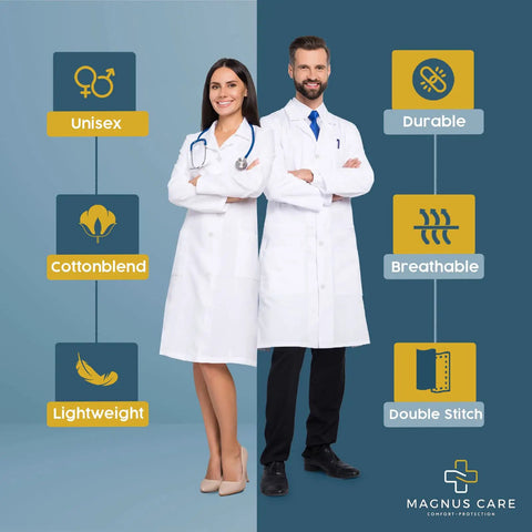 White Unisex Lab Coat For Med Pros Durable Knee Length Cotton Poly Coat For Doctors Nurses And Lab Technicians Keeps Scrubs Protected Professional Fit, two professionals wearing lab coats