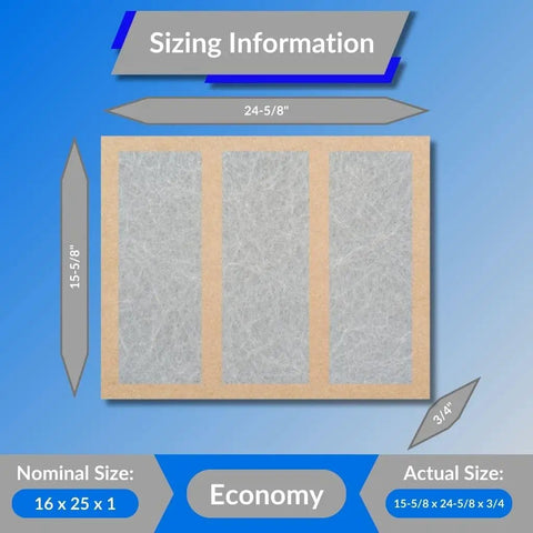 Heavy Duty Fiberglass Furnace Filter 16x25x1 With Double Strut GDS Series sizing chart illustration