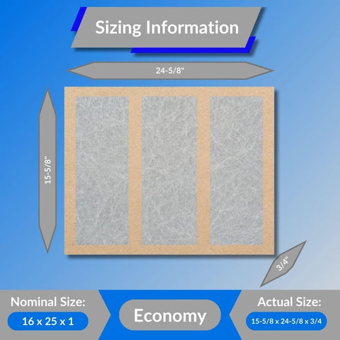 Sizing chart for Fiberglass Air Filter 16x25x1 With Double Strut GDS Series Made In USA Box Of 12