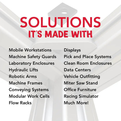 Solutions list for aluminum extrusion uses, including mobile workstations and machine frames