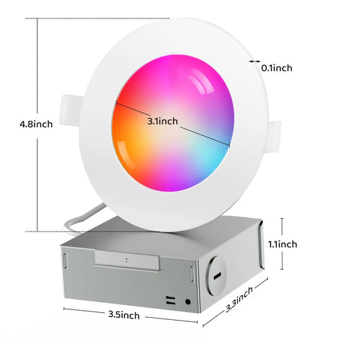 Four Pack Smart 4 Inch Recessed RGBTW LED Downlights With WiFi App Control 9W 750 Lumen Ceiling Mount Works With Alexa Google Assistant And Siri Voice Control Enabled Dimmable Color Changing Illumination