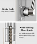 Close-up of Universal Vertical Drill Stand Clamp For Woodworking showing stroke scale and gear stability features.