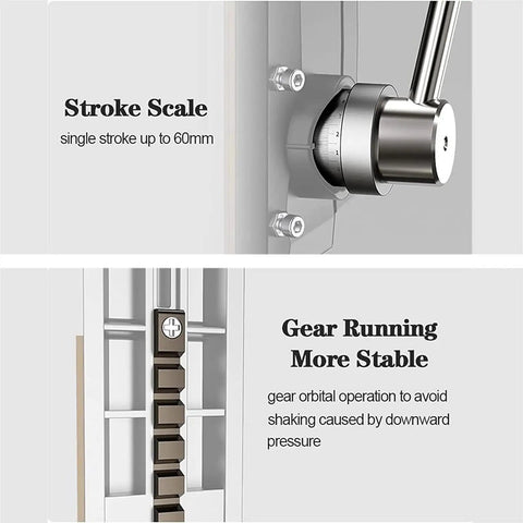 Close-up of Universal Vertical Drill Stand Clamp For Woodworking showing stroke scale and gear stability features.