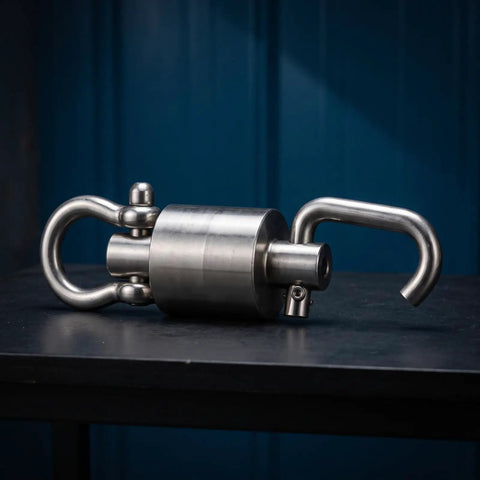 Heavy Duty Stainless Steel Swivel Rotation Joint Goes Like Butter For Dockside Hoists Workshop Rigs And Nautical Gear No Sweat Rust Proof Connector Fits Size Two Tubing on black surface.