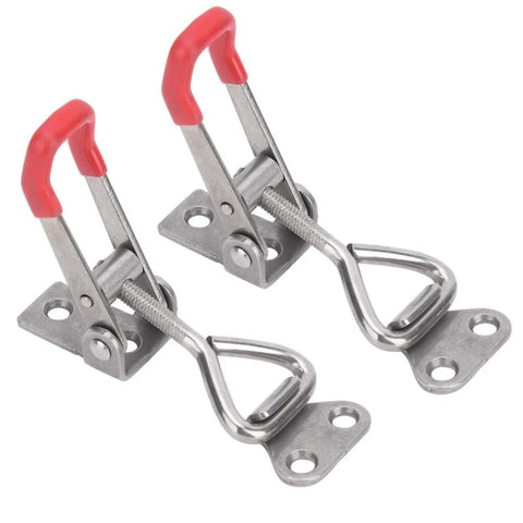 Two Pack Toggle Clamp Built from 304 Stainless Steel Heavy Duty Hold Down Quick Fixture Latch with Adjustable Buckle Tough as Nails Perfect for Woodworking Cabinets or Door Latching Projects, two stainless toggle clamps with red handles