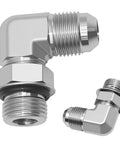 Elbow Hydraulic Adapter One Quarter Inch Male JIC 37 Degree To Three Eighths Inch Male SAE ORB O Ring Boss 90 Degree Fitting JIC To ORB Converter Two Pack For Hydraulic Lines And Piping Built To Last For Tough Jobs. silver 90° hydraulic elbow fitting