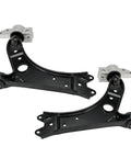 Pair of black steel front lower control arms with bushings and mounting brackets for vehicle suspension