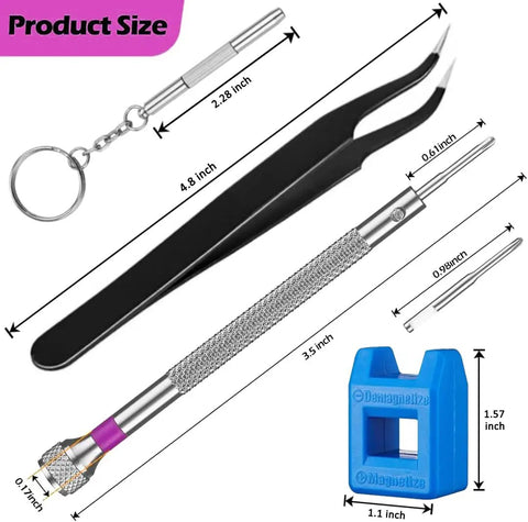 13 Piece Professional Watch Screwdriver Set With Micro Precision Bits and tools including tweezers and bit holder, product size details shown.