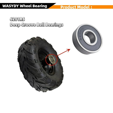 6201RS Mini Bike Wheel Bearing Kit with deep groove ball bearings, shown with a mini bike tire, for Coleman CT100U CT100X RB100 RB200.