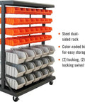 Rolling Storage Bin Rack And Parts Organizer With Dual Sided Shelves 7 Tier Cart Pro Grade For Garage And Workshop Nut And Bolt Organizer Tools And Hardware Storage On Wheels Heavy Duty 330 Pound Capacity Black with orange and gray bins visible