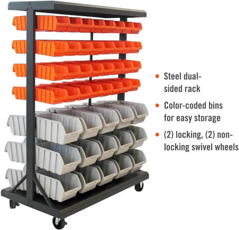 Rolling Storage Bin Rack And Parts Organizer With Dual Sided Shelves 7 Tier Cart Pro Grade For Garage And Workshop Nut And Bolt Organizer Tools And Hardware Storage On Wheels Heavy Duty 330 Pound Capacity Black with orange and gray bins visible