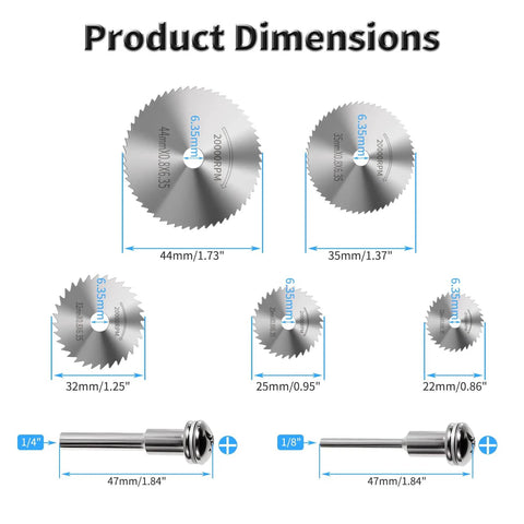 Pro Grade Mini Circular Saw Blade Set 7 Pcs HSS Cutting Discs sizes 22, 25, 32, 35, 44 mm with two 50mm mandrels shown.