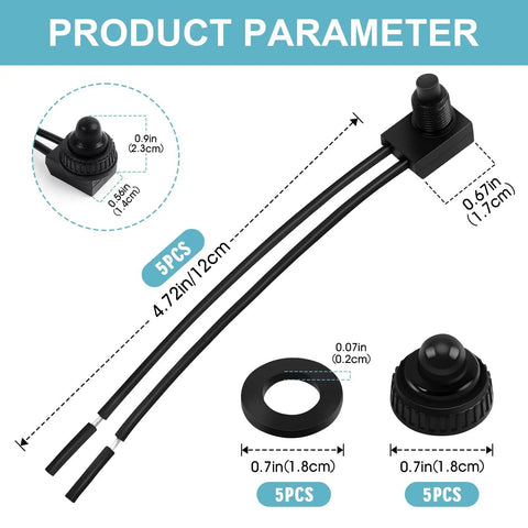 Five Pack 12V Waterproof Push Button Switches SPST With Four and a Half Inch Leads, Durable Weatherproof Micro Switches for Cars, Boats, Off Road, DIY Projects, Copper Contacts, Easy Install, black switch with 4.72in leads