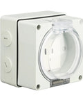 Heavy Duty Outdoor Electrical Outlet With Clear IP66 Rated Cover Built To Dodge Downpours Like A Champ While Delivering Reliable Power To Your Deck Patio Or Yard Setup Without Any Headaches, white casing.