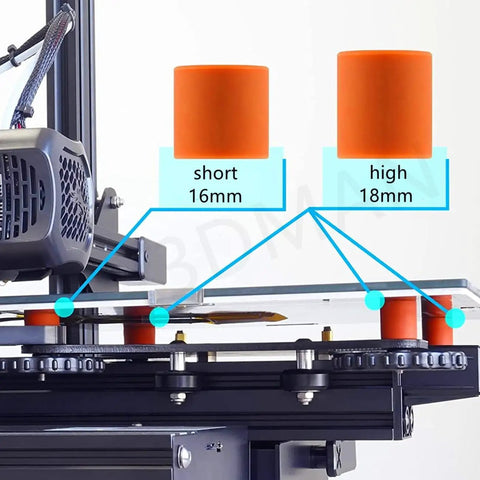 Heatbed Silicone Leveling Column Set for 3D Printers, 16 Pc Kit With 12 By 18mm And 4 By 16mm Bed Mounts shown on 3D printer