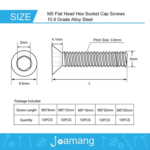 Diagram of Beefy Heavy Duty M5 Flat Head Hex Socket Cap Screws Set with dimensions and sizes, 10.9 grade alloy steel.