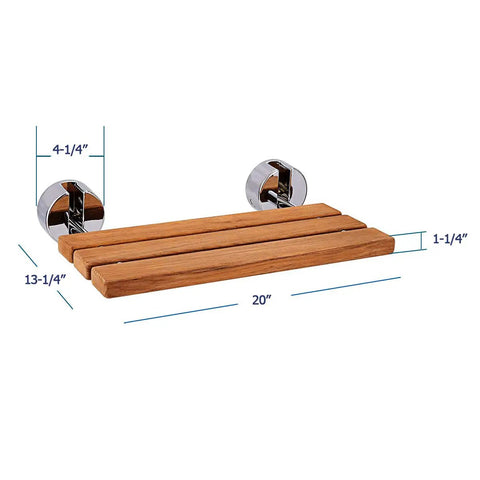 Heavy Duty 20 Inch Teak Wood Folding Shower Seat Wall Mounted Bench With Stainless Steel Frame And Chrome Hardware Fold Up Bath Stool For Small Bathrooms 400 Lb Capacity Clear Coat Finish For Easy Cleaning, showing dimensions
