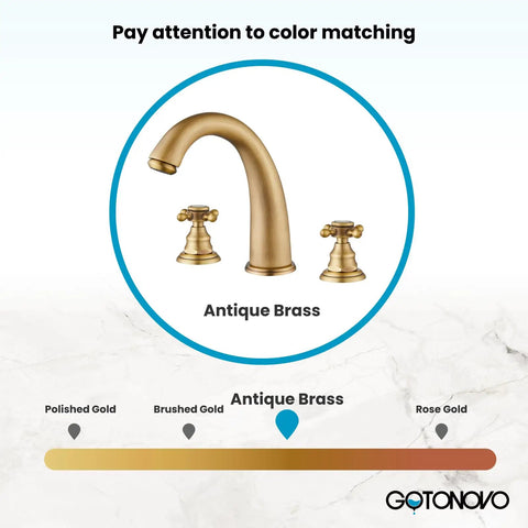 Antique brass faucet set with two cross handles and a high-arc spout, color comparison chart below.