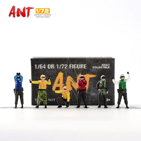 Six Piece One Seventy Two Scale US Aircraft Carrier Deck Crew Figures Set posed in colorful clothing with box background