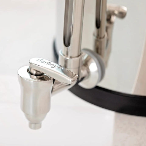 Close-up of deluxe 7-inch stainless steel water view spigot on Gravity-Fed Water Filter System with Two High-Capacity Filtration Elements