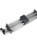 Beefy 250mm Linear Rail Guide With Double Optical Axis And SFU1605 Ballscrew 5mm Lead Manual Sliding Table For CNC Router Machines High Hardness Metal Construction 250mm Travel, angled view with hand crank