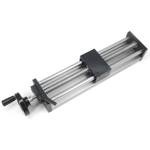Beefy 250mm Linear Rail Guide With Double Optical Axis And SFU1605 Ballscrew 5mm Lead Manual Sliding Table For CNC Router Machines High Hardness Metal Construction 250mm Travel, angled view with hand crank