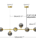 Modern Gold Pendant Lighting With Smoke Gray Glass Globes Adjustable 6-Light Hanging Ceiling Fixture dimensions view.