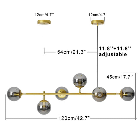Modern Gold Pendant Lighting With Smoke Gray Glass Globes Adjustable 6-Light Hanging Ceiling Fixture dimensions view.