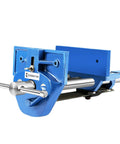 Heavy Duty 7 Inch Quick Release Workbench Vise Rock Solid Ductile Iron Build with silver handle and blue powder coating.