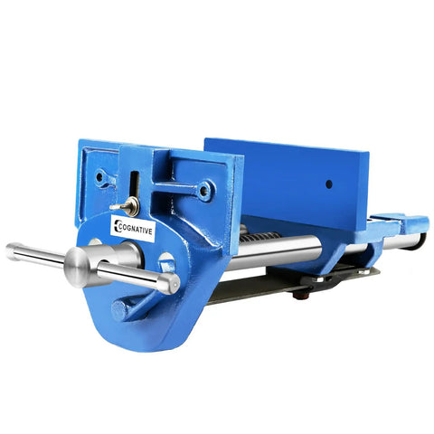 Heavy Duty 7 Inch Quick Release Workbench Vise Rock Solid Ductile Iron Build with silver handle and blue powder coating.