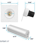 No Fuss Push N Lock Setup Trimless Recessed Lighting 2 Inch Dimmable Spotlight dimensions displaying 2 inch light and housing sizes.