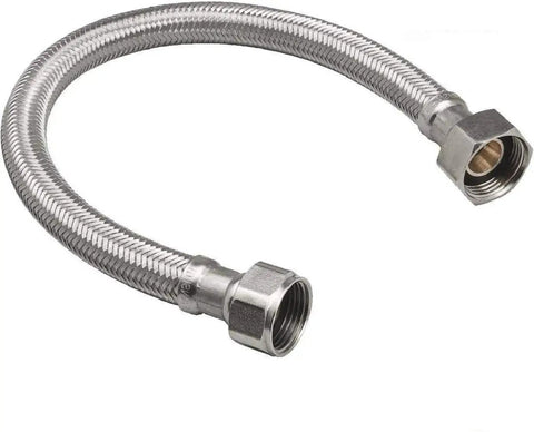 24 Inch Braided Stainless Steel Water Heater Connector With Female Iron Pipe Ends Three Quarter Inch FIP To Three Quarter Inch FIP Lead Free UPC Certified Swivel For Hot Water Heaters And Tankless Systems shown in coil form